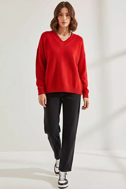 Efnaz style Women's V-Neck Knitwear Red Sweater