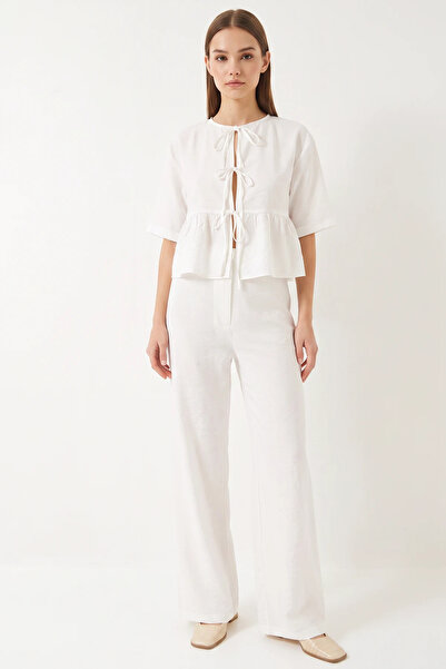 Şeker Portakalım Women's Tie-Detail Short-Sleeved White Blouse and Pants Set
