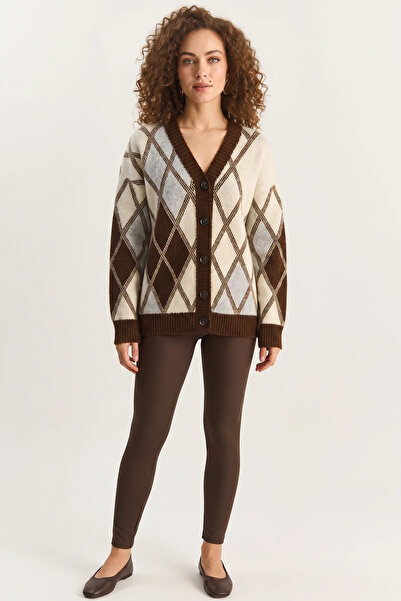 Generic Brand Women's V-Neck Buttoned Diamond Patterned Brown Ecru Cardigan