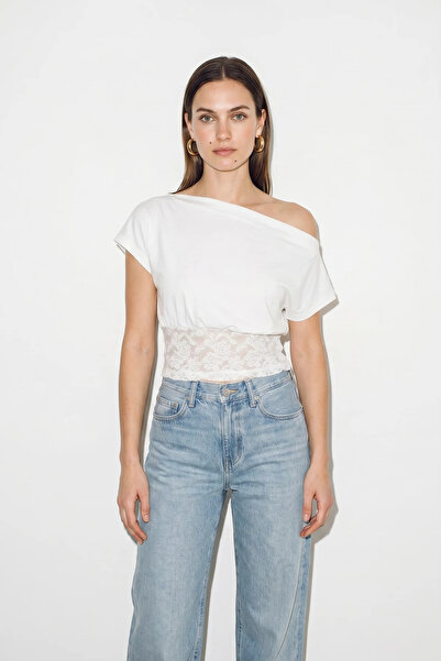 Şeker Portakalım Women's Boat Neck Waist-Fitted Lace Detailed Sandy Cotton Wh...