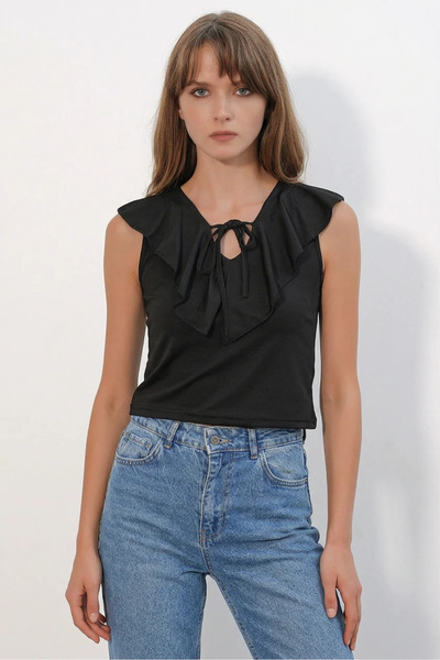 Efnaz style Women's V-Neck Ruffled Black Blouse