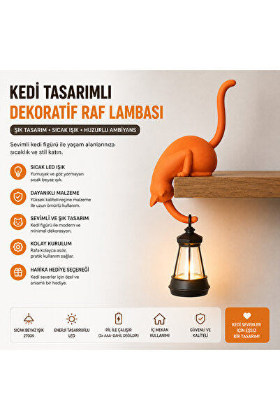 PİYATECH Modern & Şık - Minimalist Kedi Tasarımlı Dekoratif Raf Lambası – Gec...