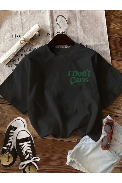 AEMİ Unisex I Don'T Care Printed Oversize Crew Neck T-Shirt