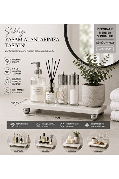 Meralles Gümüş Ayaklı Mermer Tepsi Dekoratif Sunumluk – Beyaz Mermer Sunum Te...