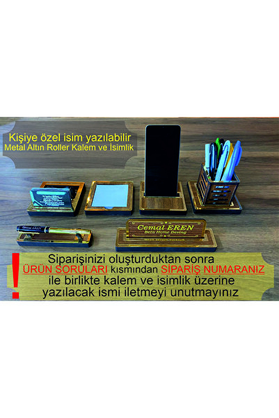 Beta Home Desing Ceviz Desenli Altın Pleksi Detaylı 6 Parça Kişiye Özel Ahşap Masa İsimliği ve Altın Metal Roller Kalem Ofis Hediyesi İsimlik