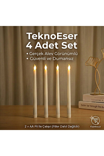 TeknoEser 4 Adet Led Şamdan Mumu Seti - Gerçek Alev Görünümlü Pilli Dekoratif...