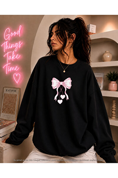 caddekombin Women's Heart Pink Ribbon Printed Round Neck Long Sleeve Sweatshirt