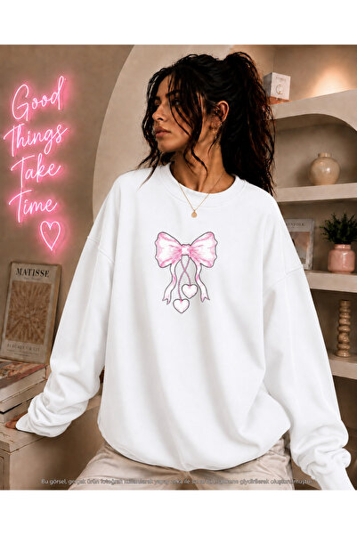 caddekombin Women's Heart Pink Ribbon Printed Round Neck Long Sleeve Sweatshirt