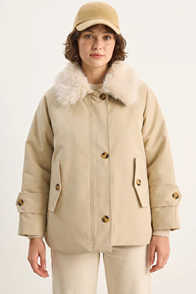 Generic Brand Women's Stone Coat with Removable Fur Collar and Water-Repellen...