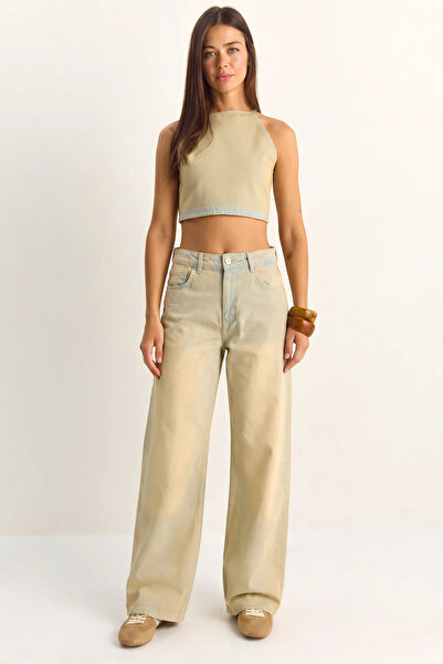 Şeker Portakalım Women's Halter Neck Crop Top Wide Leg Denim Wheat Bottom Top...