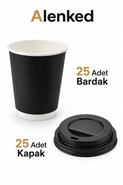 alenked Black Cardboard Cups 8oz Double Wall with Lids Included - Pack of 25