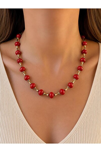Urban Aksesuar Red Coral and Gold Detailed Necklace Stylish Women's Necklace