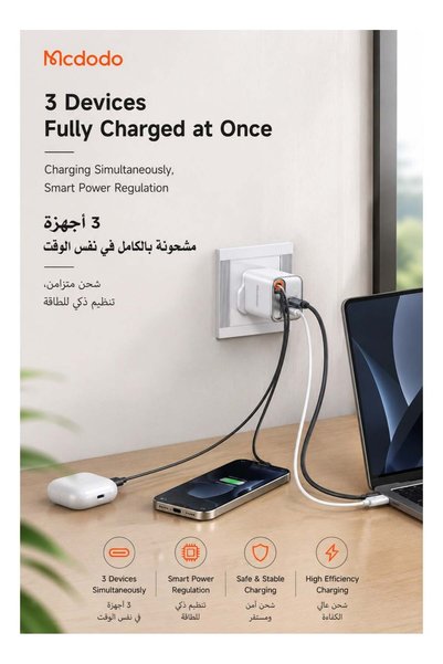 Mcdodo 67W GaN Fast Charger with Built-in 65cm USB-C Cable, UK Plug, Digital Display, White
