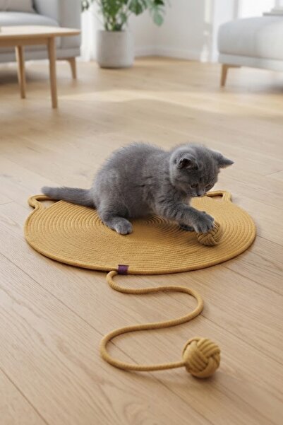 Reyo Pet Handmade Cat Scratching Mat with Toys, 100% Cotton Rope, Yellow