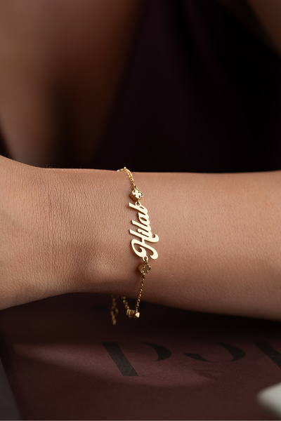 beonejewelry 925 Ayar Gümüş Kişiye Özel Yonca Detaylı İsim Bileklik
