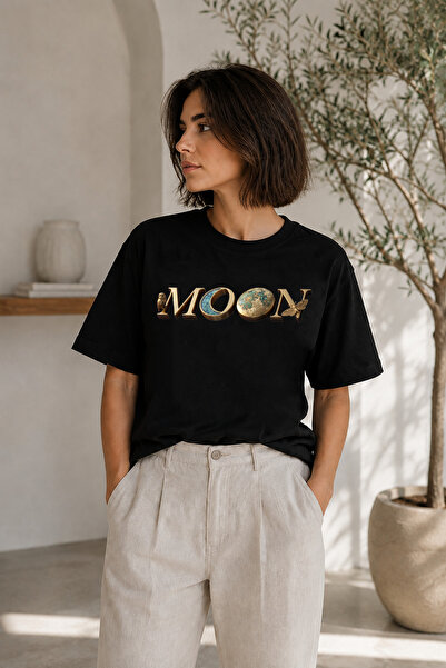 BAGAND Premium Moon Printed Oversize Unisex T-Shirt Black Vintage Space Owl T...