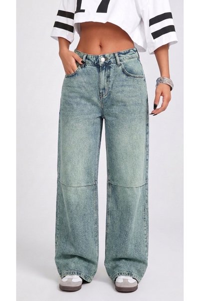 REDZARRAM Kadın Soluk Yeşil Pens Dikişli Boyfriend Wide Leg Kot Pantolon