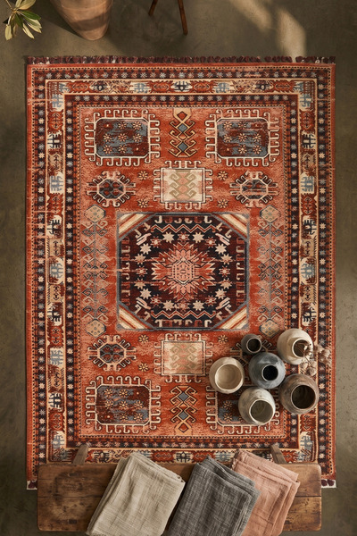dekozer Karsu Retro Etnik Desenli Kırmızı Kilim & Halı – Salon ve Mutfak İçin...
