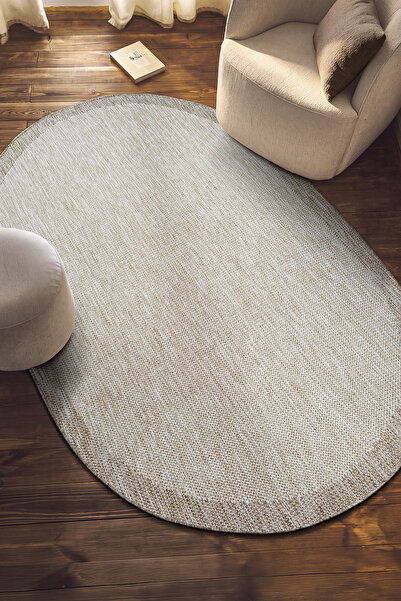 SARAZ HALI S605-BEJ Bej Oval Sisal Jüt Halı Düz Dokuma Hasır Halı Kaymaz Taba...