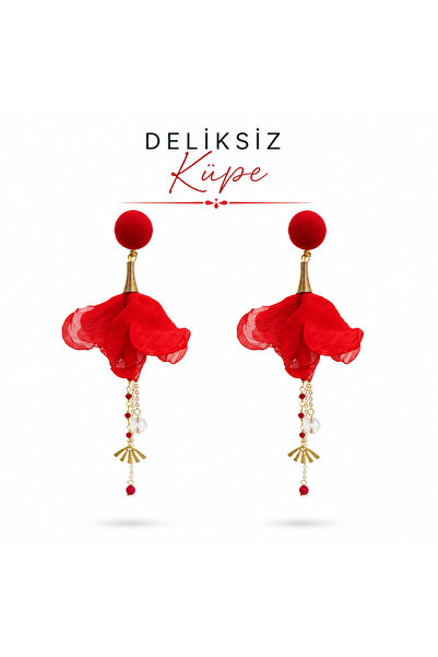 1PARÇAMAVİ Hole-Free Compression Clip Women's Earrings - Chiffon Fabric Flora...