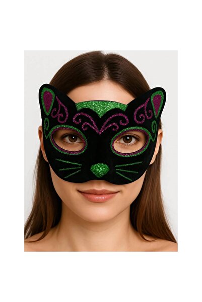 pınaxar Black velvet coated pink green glitter embroidered cat mask 20x13 cm