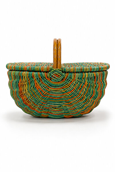 NATUREL DEKOR Rattan Küçük Boy Mavi-Turuncu Piknik Sepeti 40x24x30 cm - Bohem...
