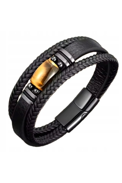 NO BRAND Brățară elegantă din piele cu piatră Ochi de Tigru