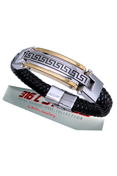 Boston Jewellery Brățară argintie pentru bărbați, din oțel 316L, cu piele nat...
