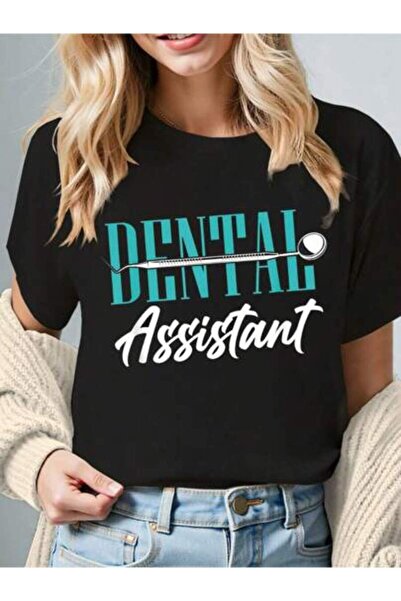 26LIK 100% Cotton Dental Assistant Print Round Crew Neck Short Sleeve All-Sea...