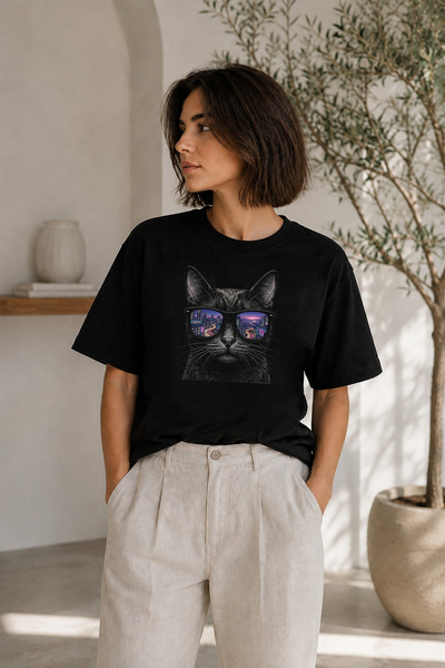 BAGAND Premium Sunglasses Cat Printed Oversize Unisex T-Shirt Black Color Cit...
