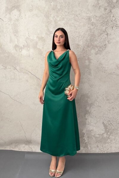 Generic Brand Emerald Satin Degaje Collar Shoulder Buckle Dress