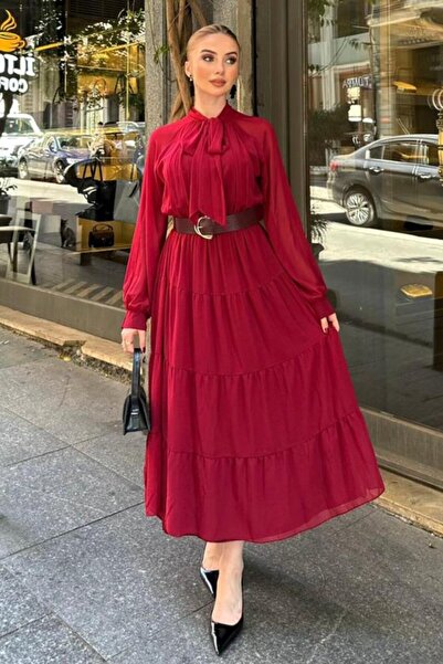 Elbee Fashion Woman Rochie din șifon cu centură și guler tip eșarfă, de culoa...