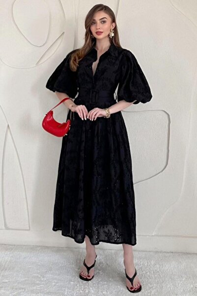 Generic Brand Black Balloon Sleeve Pleated Dress