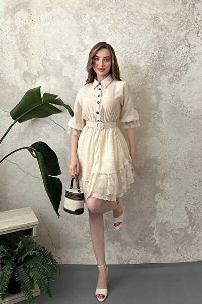 ELBEE Ecru Lace Dress with Front Patchwork