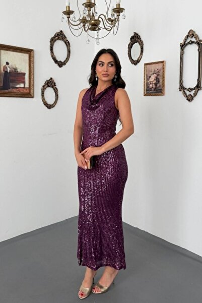 Elbee Fashion Woman Purple Sparkling Strappy Long Dress