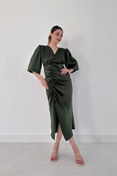 Generic Brand Khaki V-Neck Satin Dress