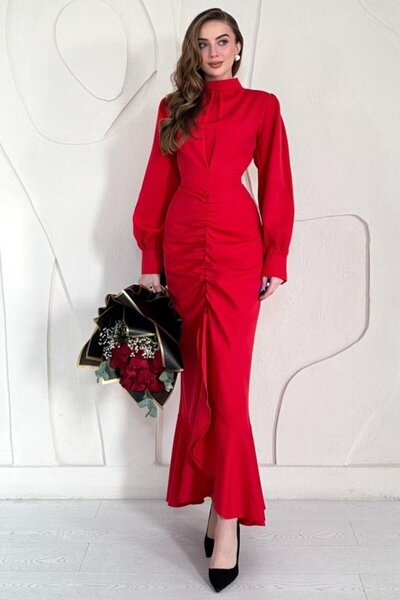 SEREMONİ BUTİK Red Flounce Long Sleeve Dress