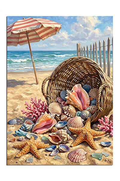 Artmeg Coș cu scoici de mare pe plajă, pânză decorativă - Masă din lemn MDF