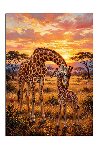 Artmeg Pânză decorativă Mamă și pui de girafă la apusul soarelui - Tablou din...