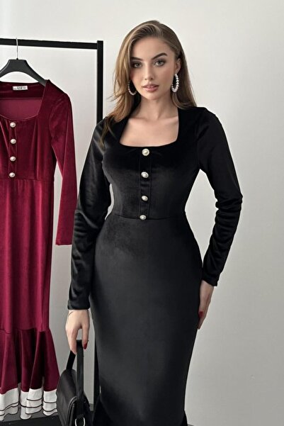 SEREMONİ BUTİK Black Square Neck Skirt Flared Velvet Dress