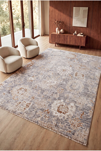SERENZA HOME LİVİNG Vintage Gri Damask Eskitme Bambu Polyester Pamuk Taban Sa...