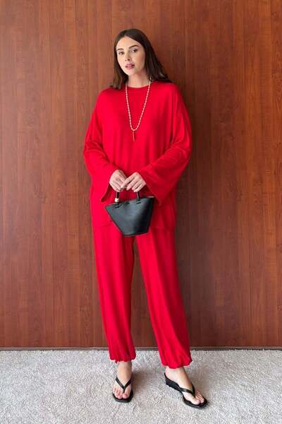 Ceylan Otantik Red Viscose Basic Bodysuit & Red Ring Viscose Shalwar Pants