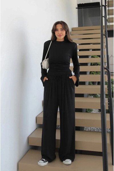 My Blog Black Back-Tie Padded Blouse and Trousers Set - 5165