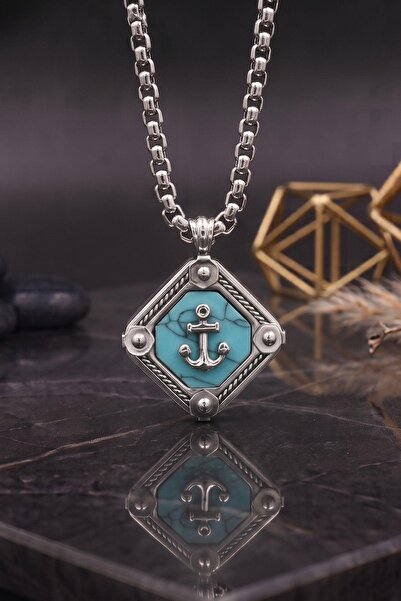 Prestige Anchor Figured Turquoise Stone Necklace Stainless Steel Chain 902905