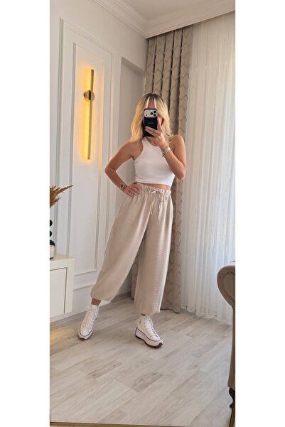 Hiloş Boutique Stone-Colored Shalwar Pants with Elastic Waist and Cuffs and L...