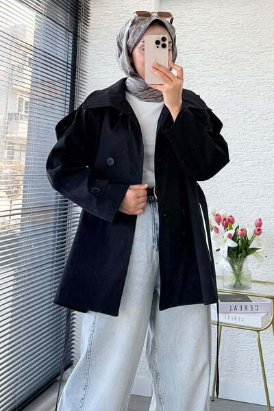 MELEK ARAZ Premium Belted Trench Coat with Windbreaker Detail on the Back - B...