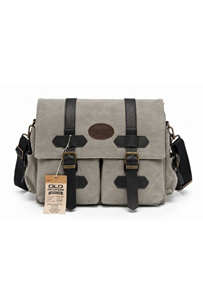 OLD COTTON BAGS Buz Gri Unisex Vintage Kanvas Çok Bölmeli Postacı Omuz Çantas...