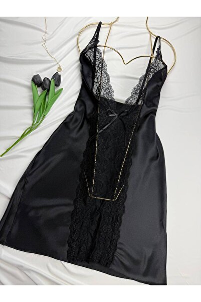 ROZENİN LINGERIE Plus Size Lace Satin Strap Mini Nightgown