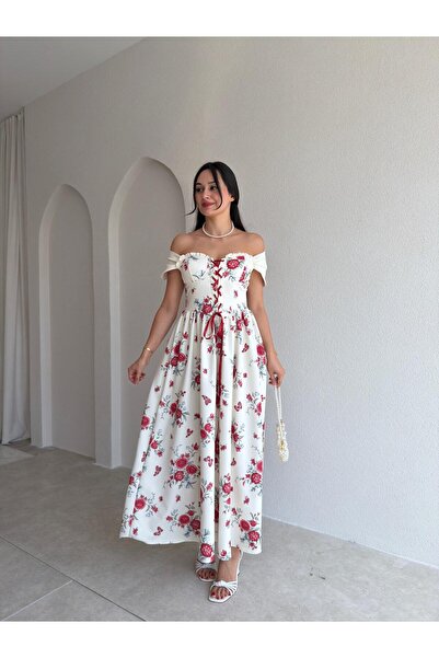 Mooi Butik Rochie maxi cu imprimeu floral RİNA 3399 - Albă