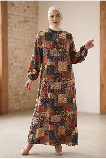 tuvadi Women's Bohemian Block Patterned Lilyum Fabric Dress - Hijab Dress Plu...